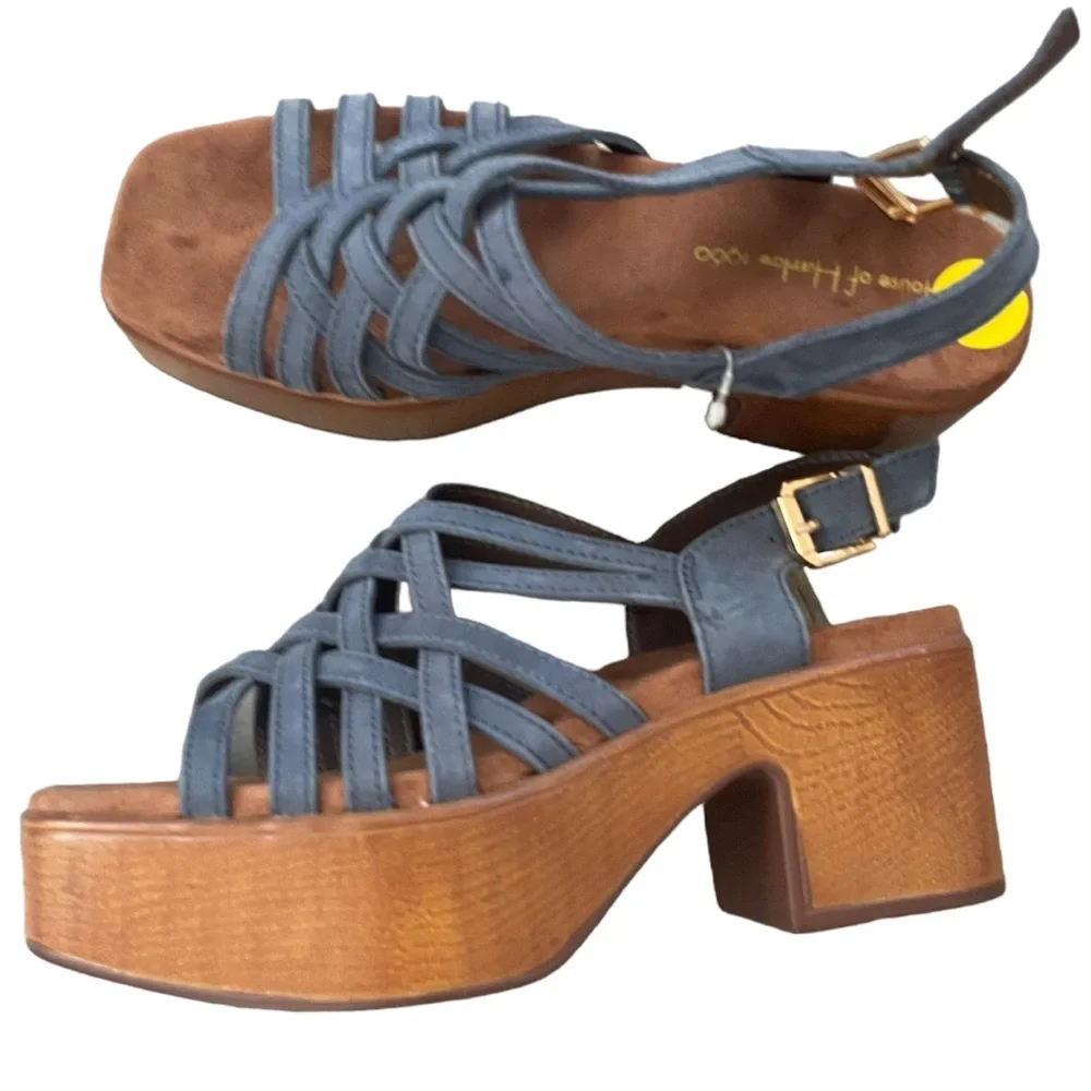 House Of Harlow 1960 Georgia Platform Wedge‎ Sandal Platform 9 Blue Leather